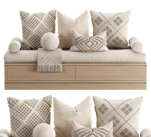 Modern Beige Fabric Window Seat Cushion Pillow Set 3D model