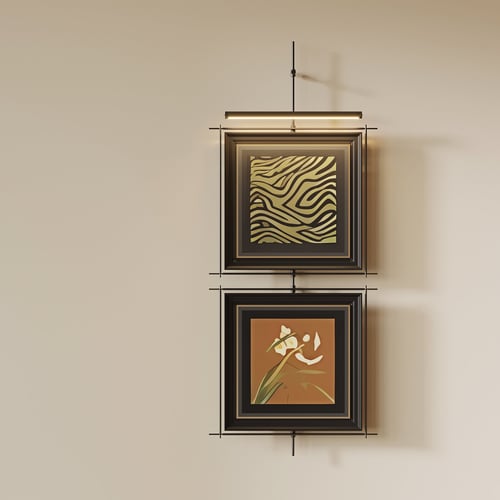 French Vintage Framed Wall Art Set with Wall Lamp 3D model