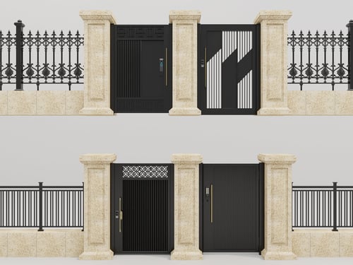Modern Villa Entrance Gates with Stone Pillars and Fences 3D model