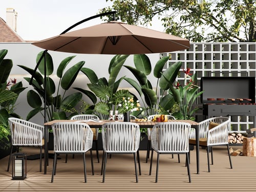 Modern Outdoor Patio Dining Set with Barbecue and Plants 3D model