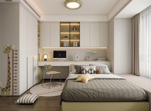 Cream Style Minimalist Bedroom with Tatami Bed and Study Nook 3D model