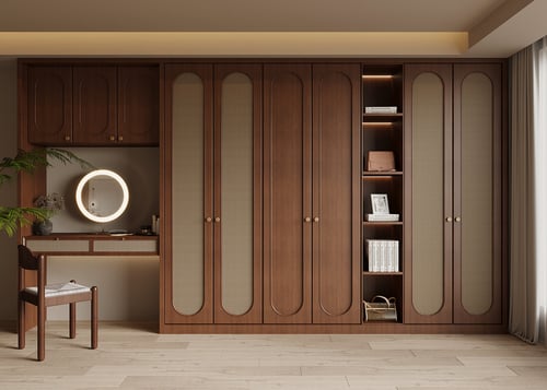 Mid Century Walnut Rattan Wardrobe with Dressing Table 3D model