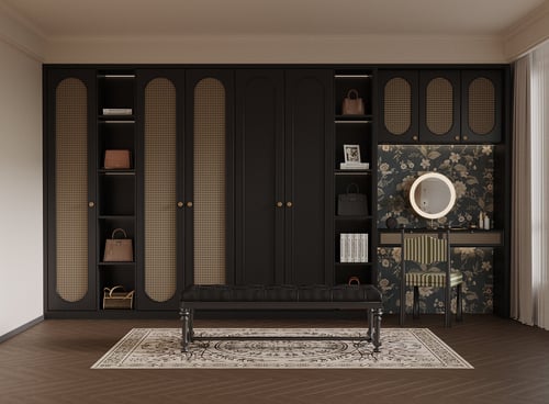 French Style Luxury Dressing Room with Rattan Wardrobe Vanity 3D model