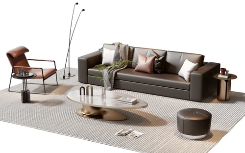 Modern Leather Sofa Set with Marble Coffee Table and Armchair 3D model