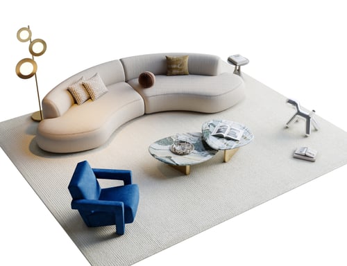 Modern Curved Sofa Set with Marble Coffee Tables and Armchair 3D model