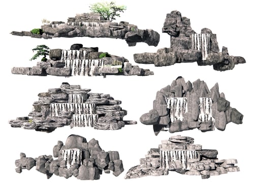 Chinese Style Rockery Waterfall Landscape Set 3D model