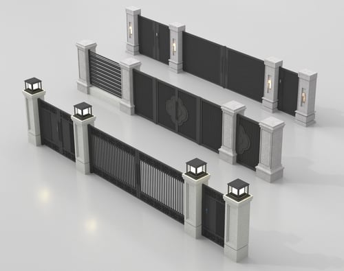 New Chinese Style Villa Gate and Fence Set 3D model