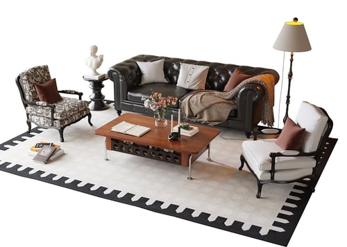 French Style Leather Sofa Set with Coffee Table and Armchairs 3D model