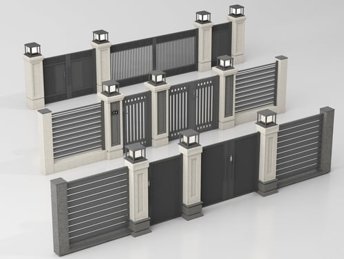 Modern Villa Gate Fence Set with Stone Pillars and Outdoor Lamps 3D model