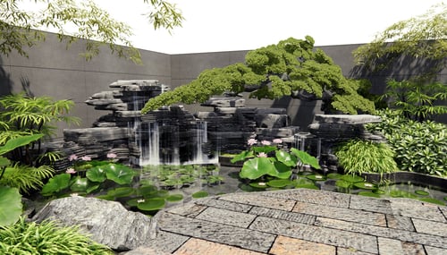 Zen Courtyard Rockery Waterfall Lotus Pond Landscape 3D model