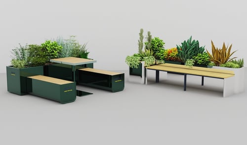 Modern Planter Bench Set with Greenery Plants 3D model