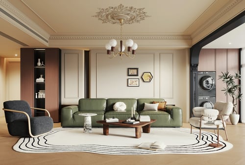 French Vintage Luxury Living Room with Green Leather Sofa 3D model