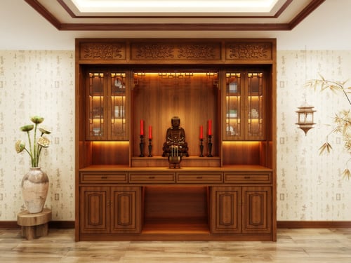 Traditional Chinese Wooden Altar Cabinet with Buddha Statue 3D model