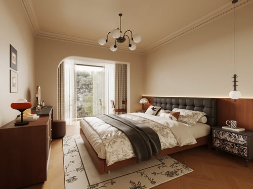 Mid Century Modern Bedroom Scene with Double Bed and Dressing Table 3D model