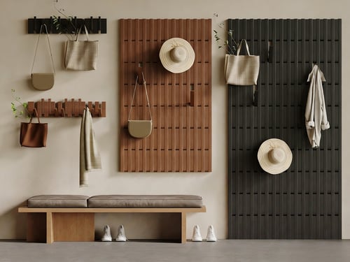 Modern Hallway Coat Rack with Wooden Slat Wall and Entry Bench 3D model