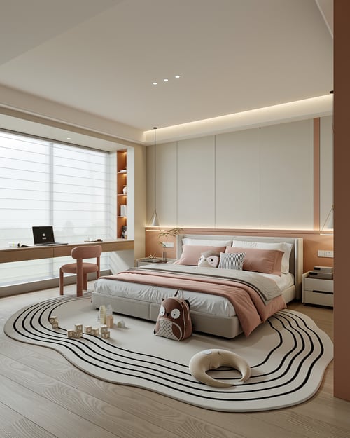 Modern Cream Style Kids Bedroom with Double Bed and Study Nook 3D model