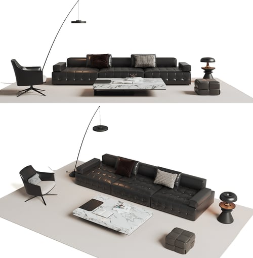 Modern Black Leather Sofa Set with Coffee Table and Armchair 3D model