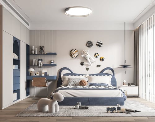 Modern Minimalist Blue Kids Bedroom with Space Theme Decor 3D model