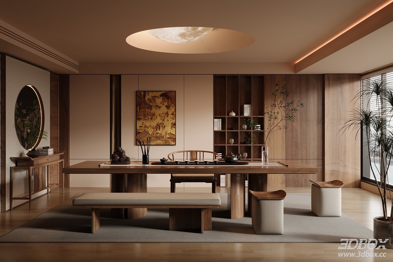 New Chinese Style Tea Room Song Style Tea Table Chair Tea Set 3D Model 3D model - front view
