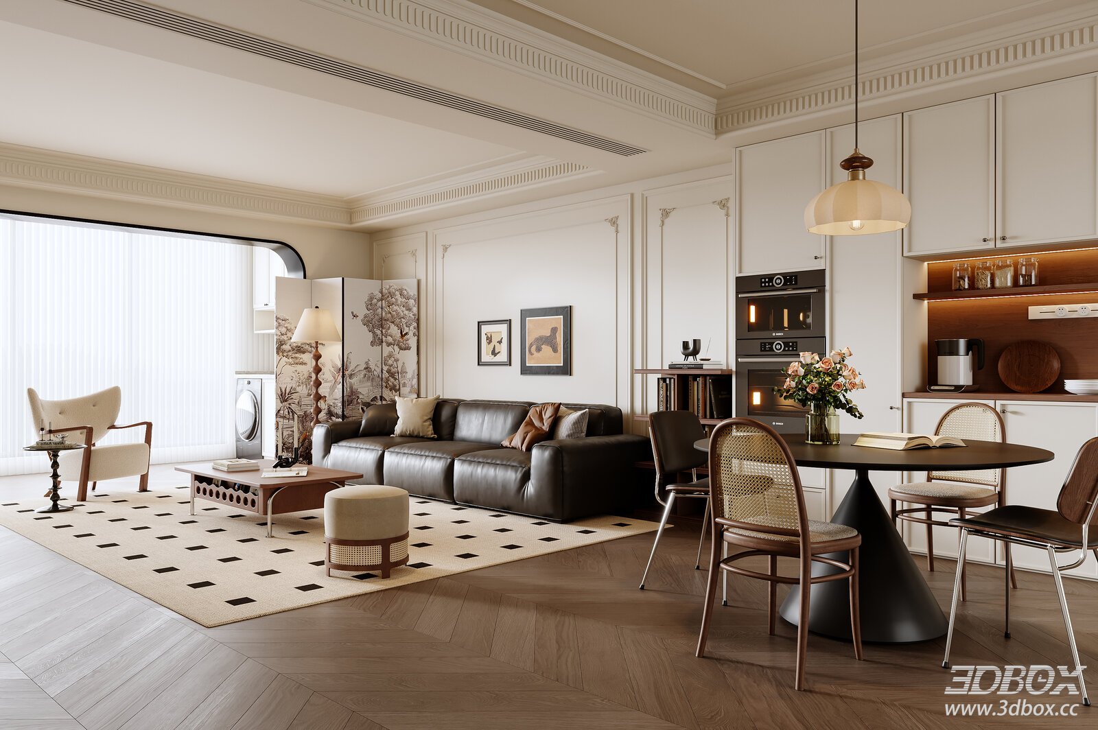 French Retro Living Dining Room 3D Model 3D model - front view