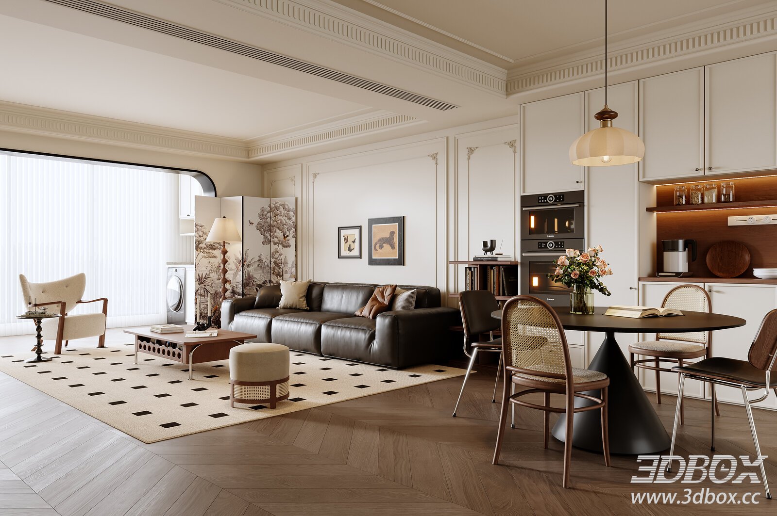 French Retro Living Dining Room 3D Model 3D model - thumbnail 1