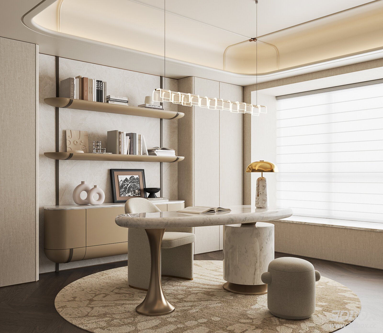 Modern Light Luxury Villa Study Room 3D model - thumbnail 1