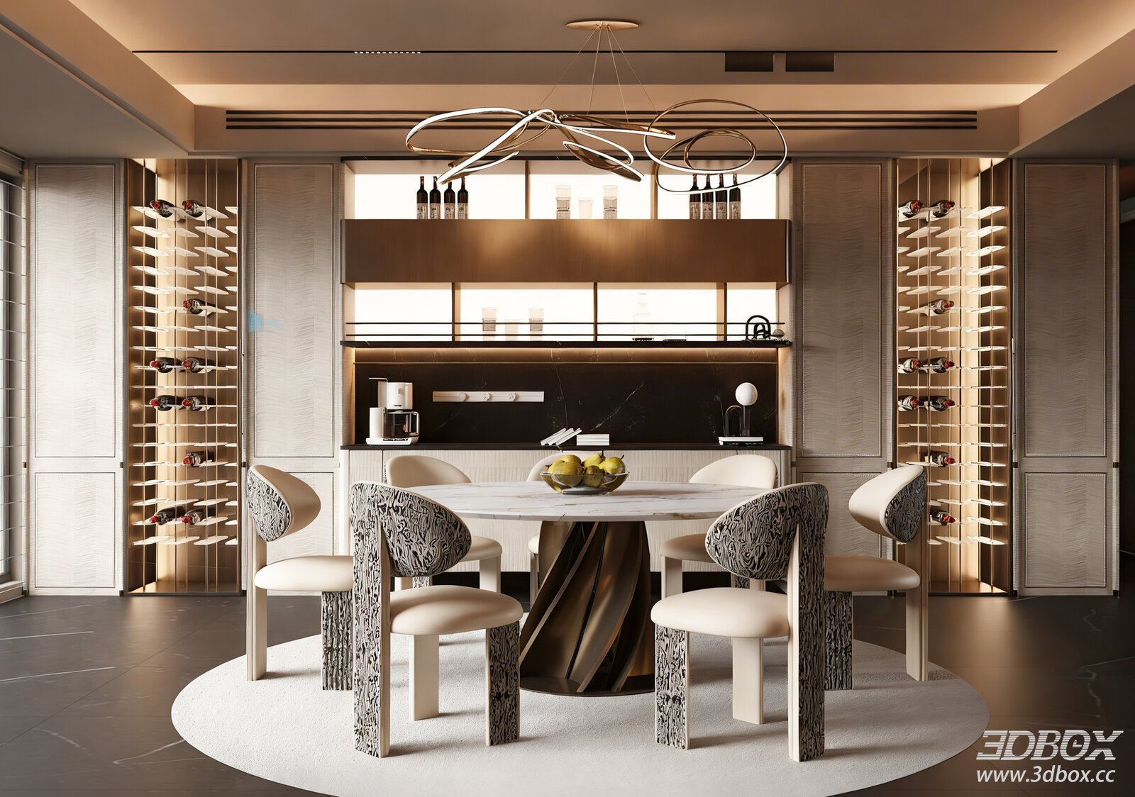 Modern Light Luxury Dining Room Dining Room Dining Table Chandelier 3D model - front view