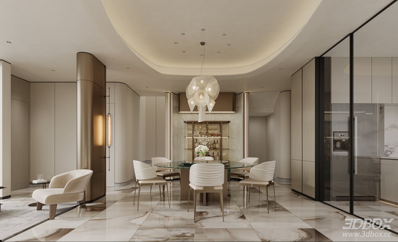 Modern Light Luxury Dining Room 3D model - front view