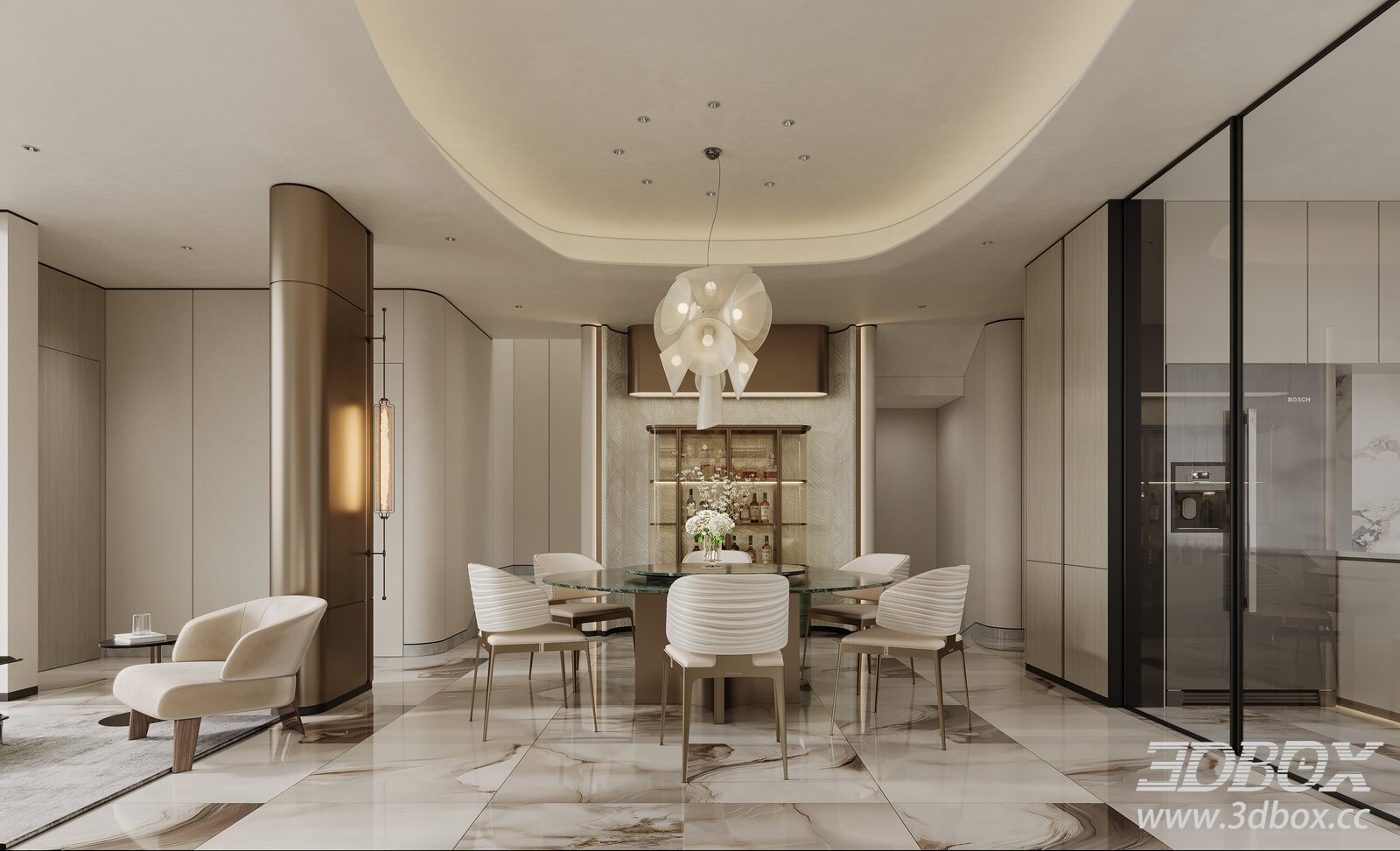 Modern Light Luxury Dining Room 3D model - thumbnail 1