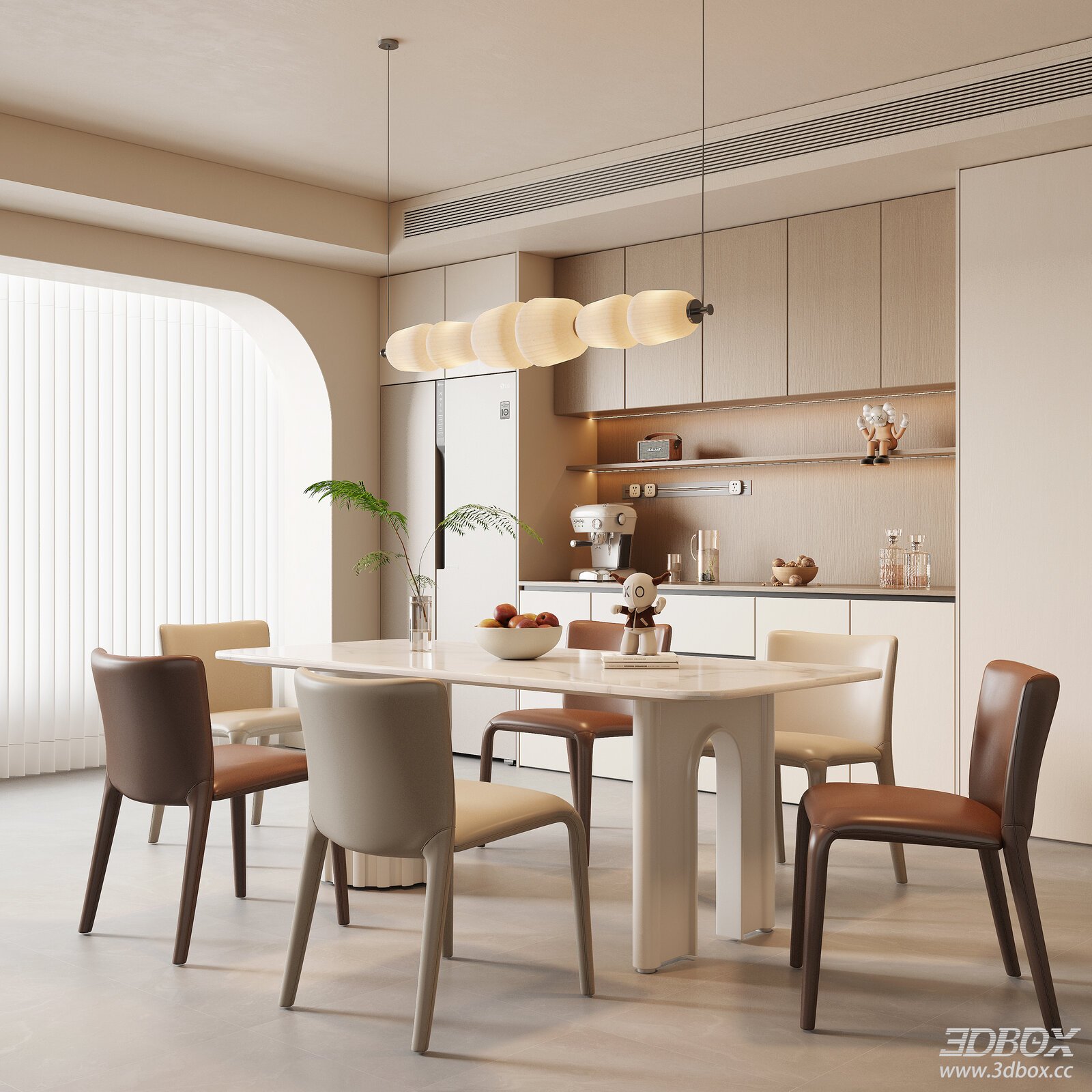 Modern Cream Style Dining Room 3D model - front view