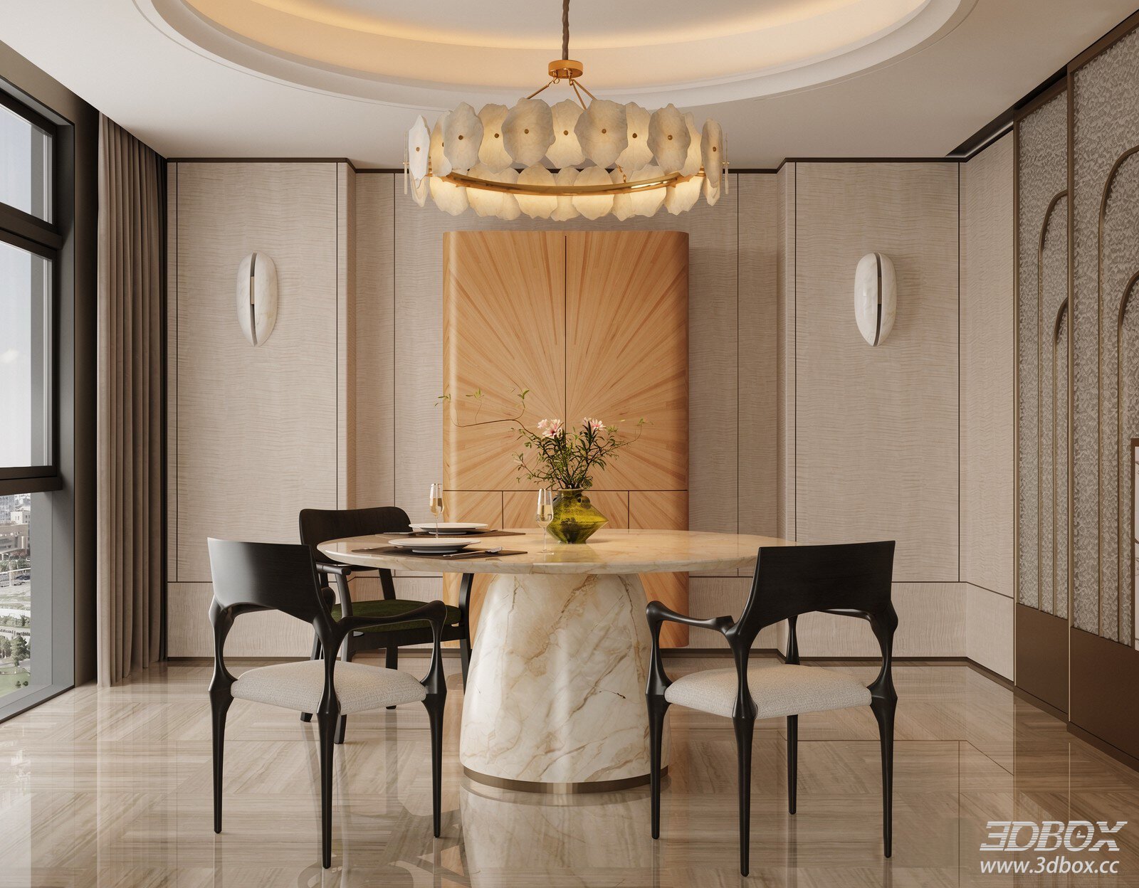 Modern Light Luxury Dining Room Villa Dining Room Round Table Dining Room Dining Table Sideboard 3D model - front view