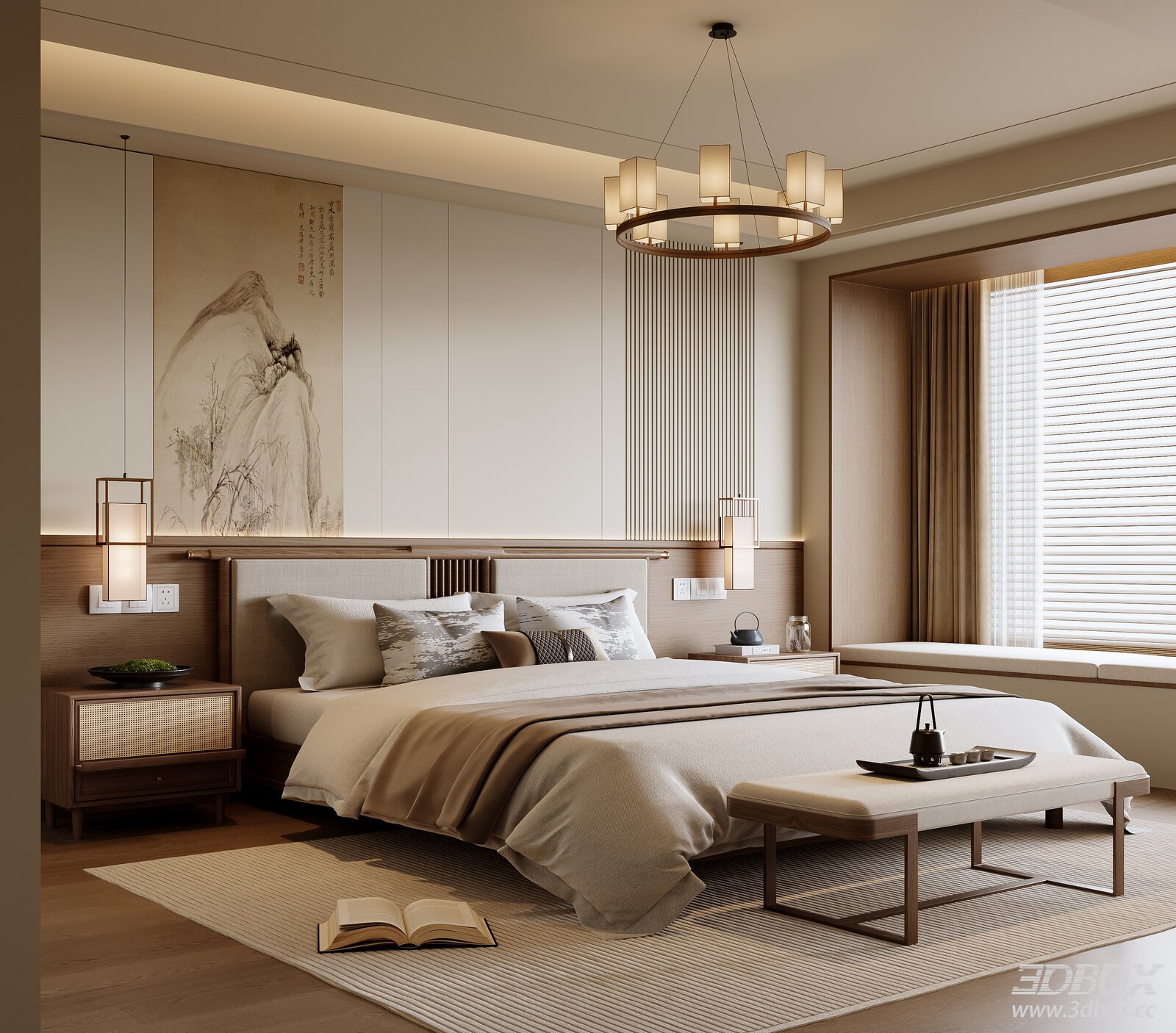 New Chinese Song Style Bedroom 3D model - front view