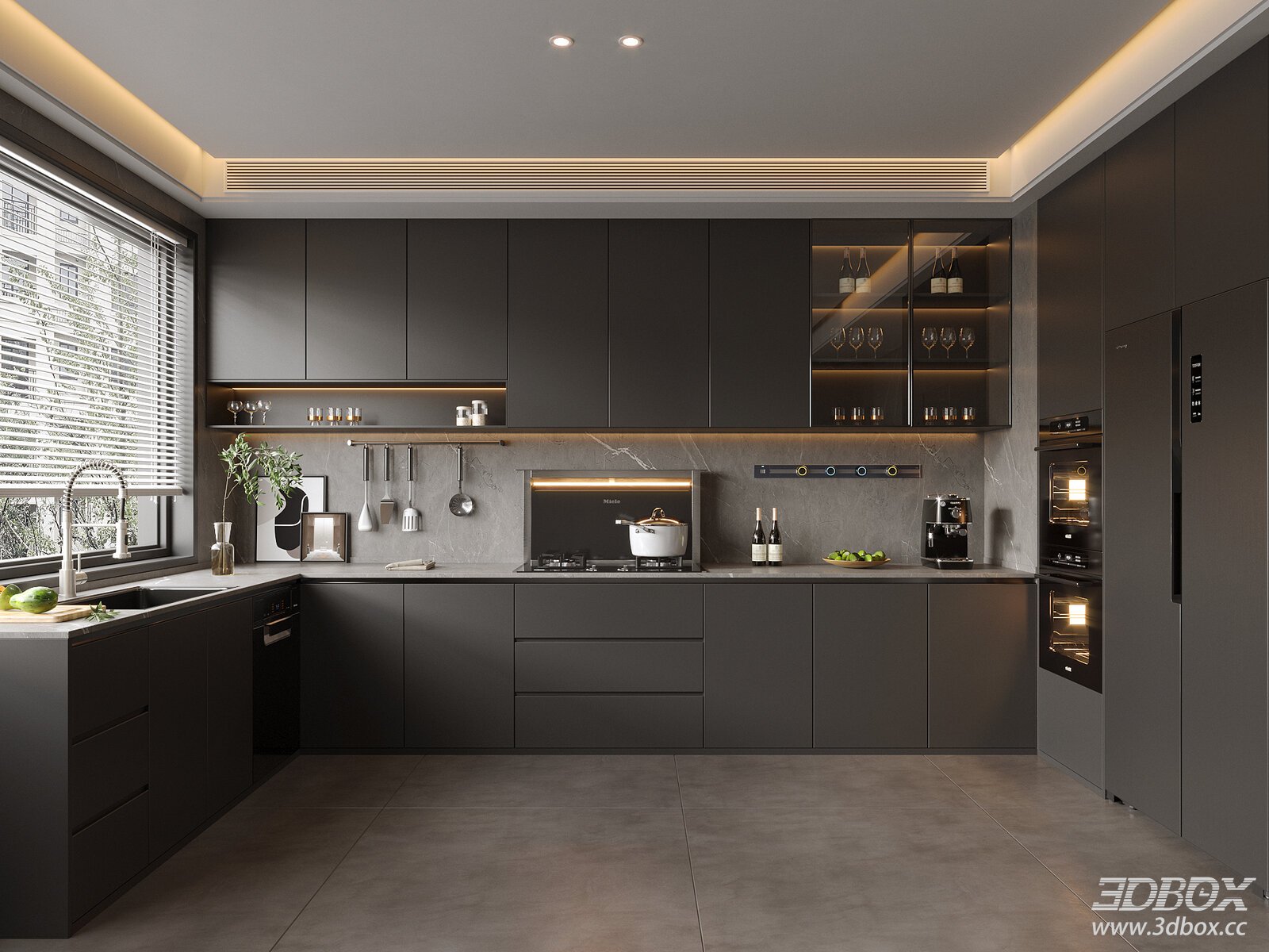 Modern Italian Light Luxury Kitchen 3D model - thumbnail 1