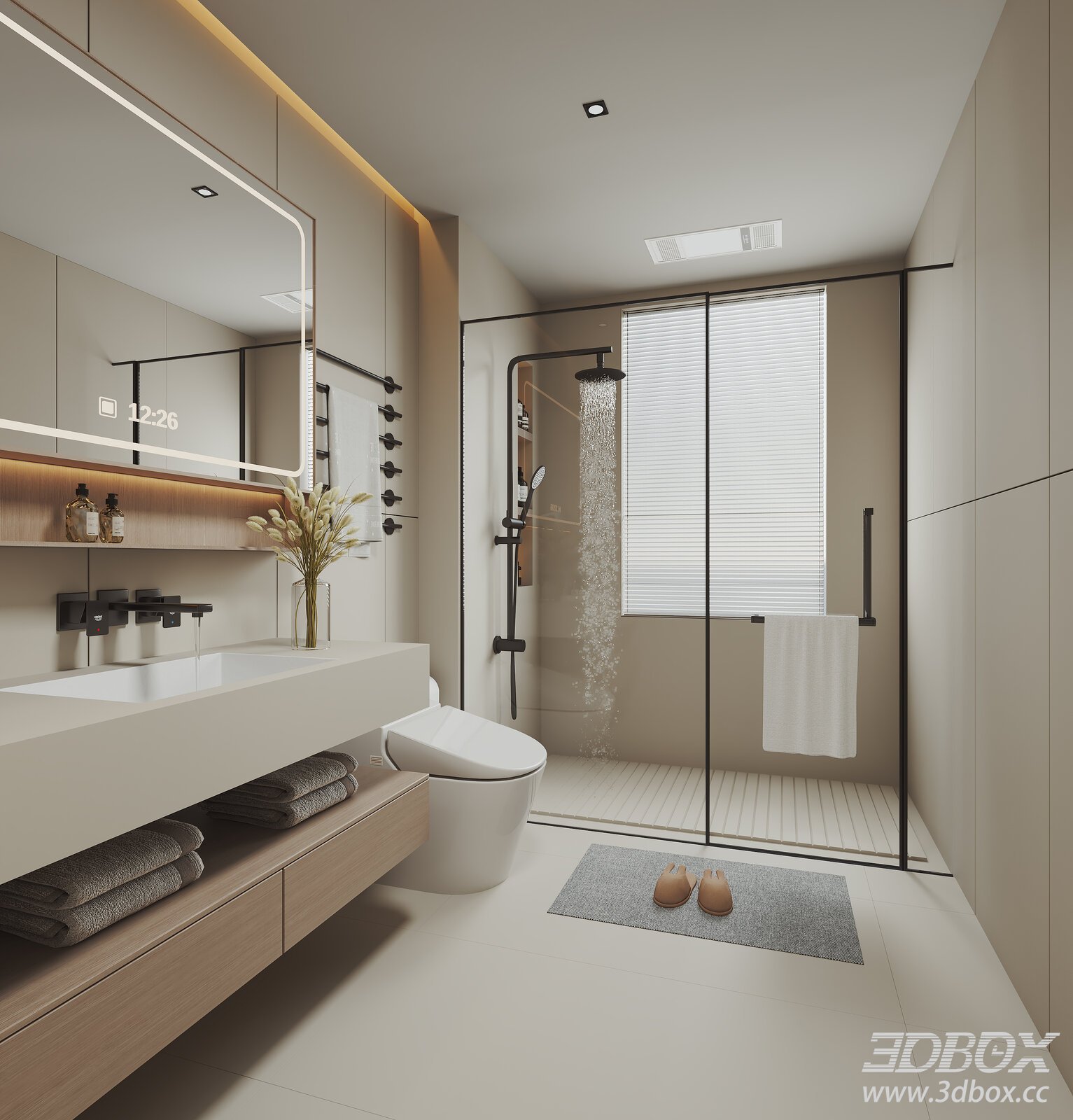 Modern Cream Style Bathroom 3D model - thumbnail 1