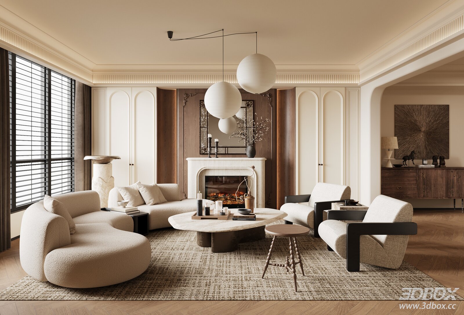 French Vintage Living Room 3D model - front view