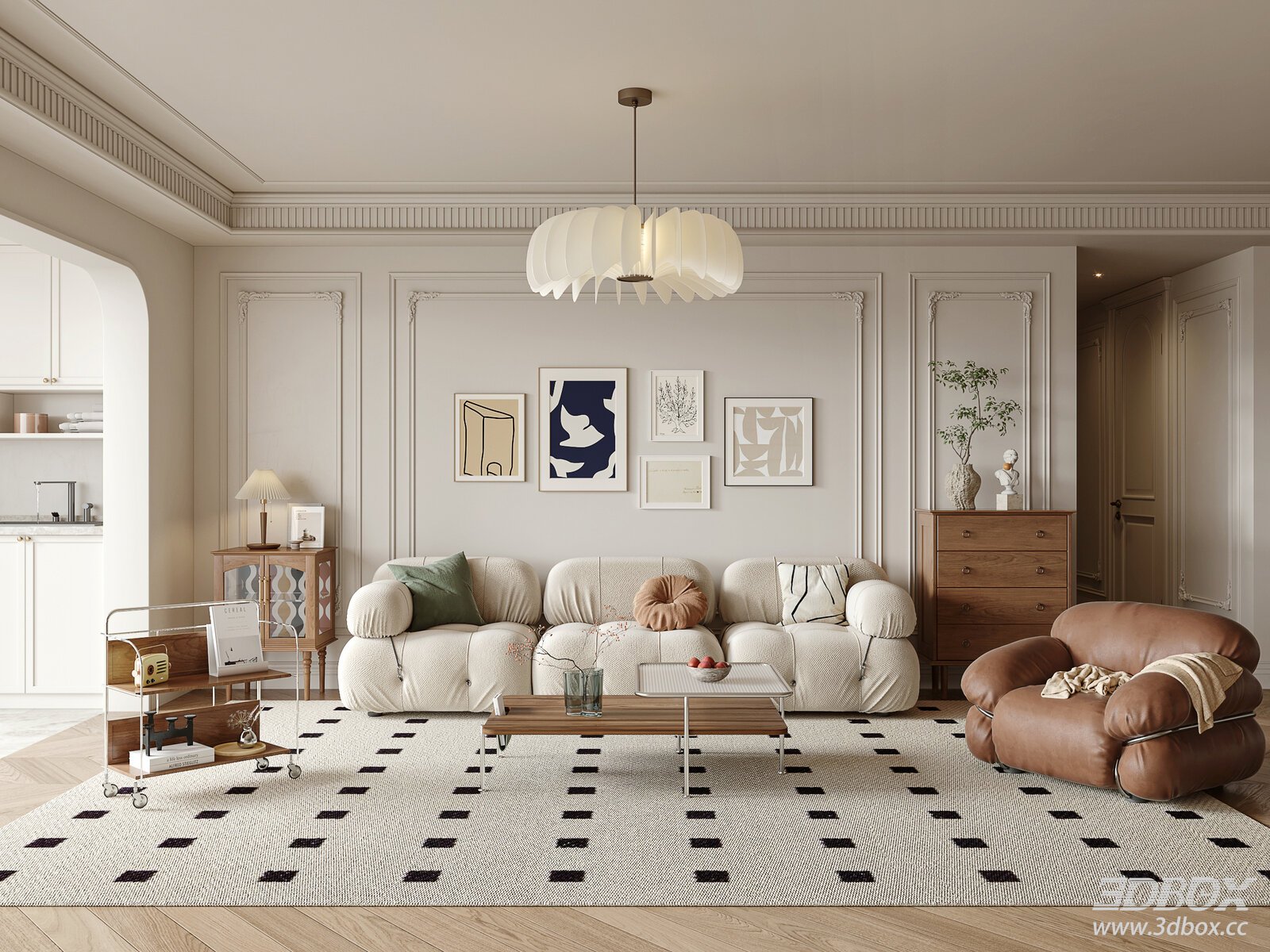 French Vintage Living Room 3D model - front view