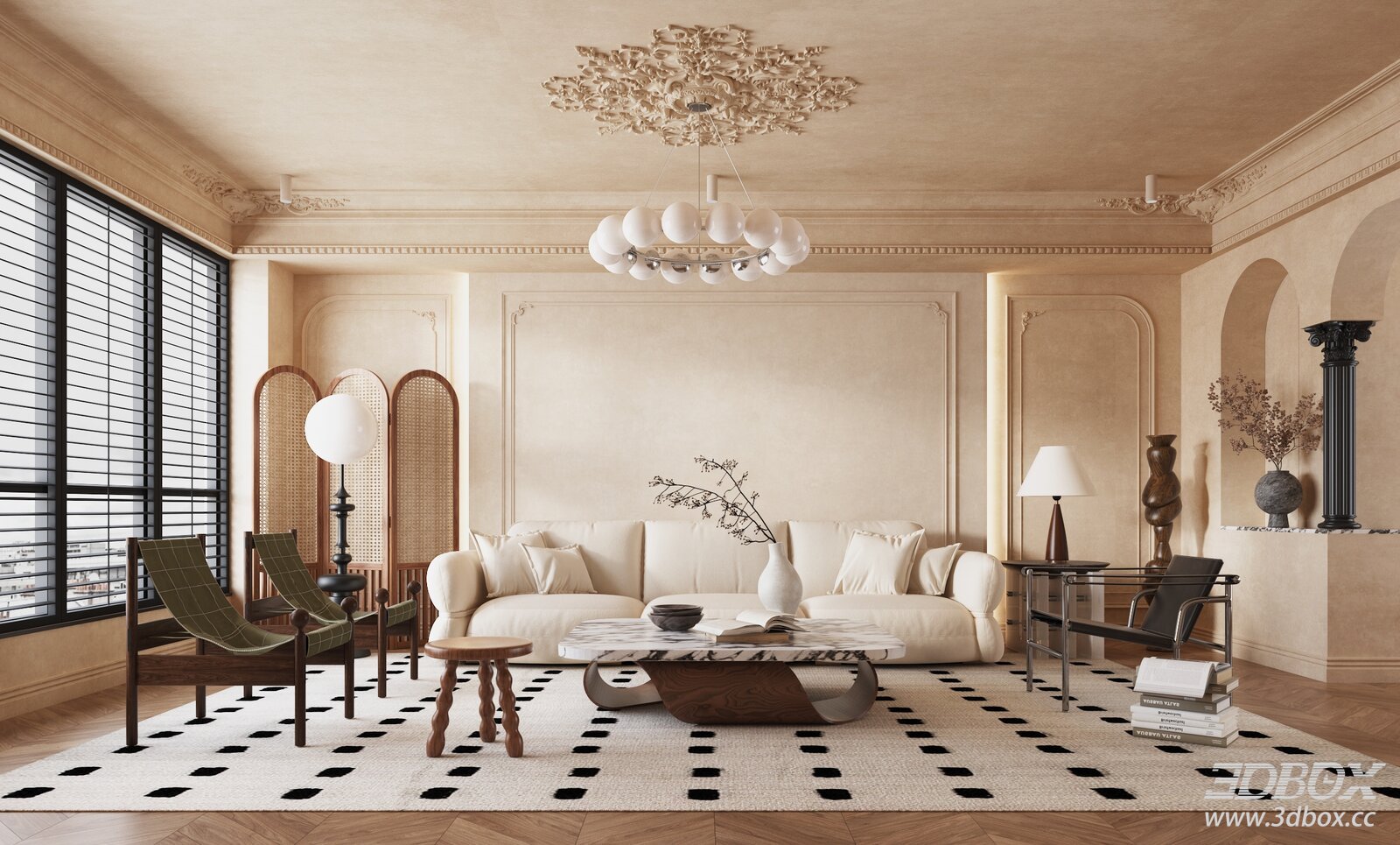 French Living Room 3D model - front view