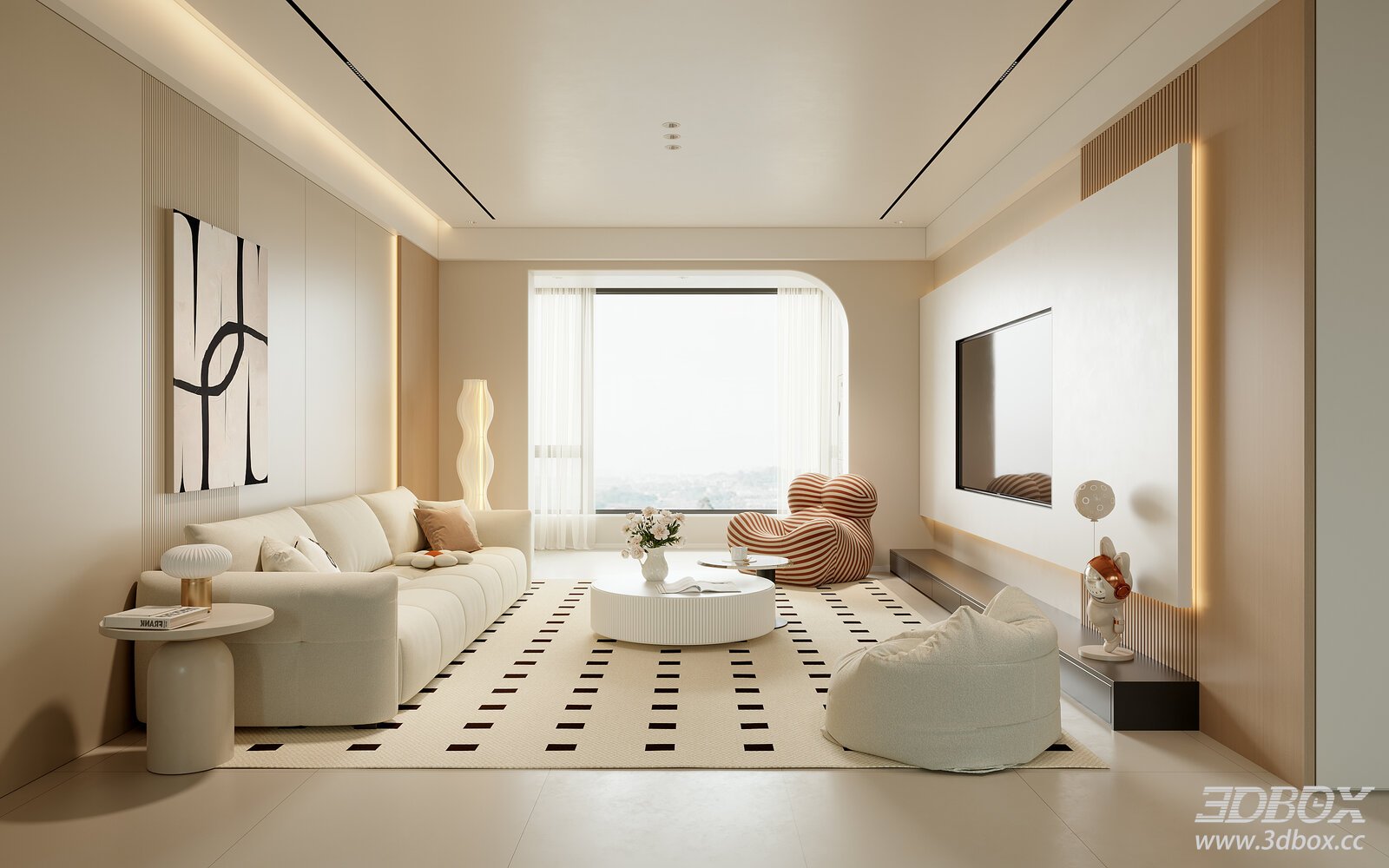 Modern Cream Style Living Room 3D model - thumbnail 1