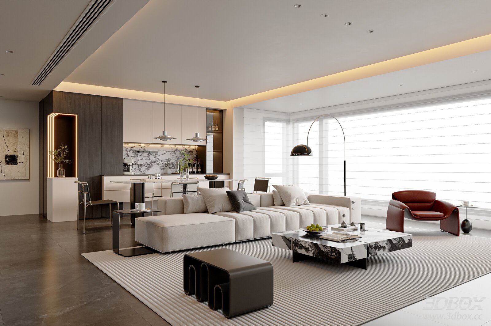 Modern Minimalist Dining Room Dining Table Sofa Coffee Table Sideboard Lounge Chair Floor Lamp[ID_ 3D model - front view