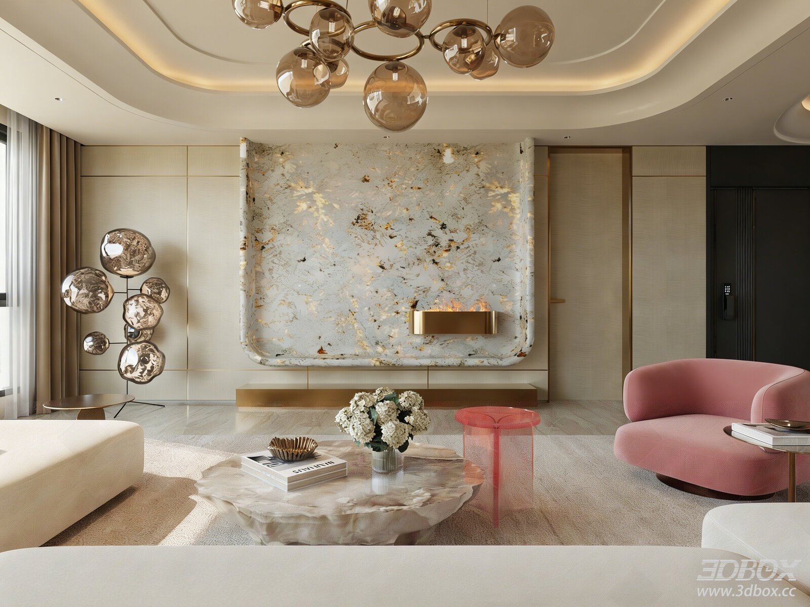 Italian Light Luxury Living Room Open Plan Living Room Italian Light Luxury Living Room Light Luxury Living Room Sofa Coffee Table Light Luxury TV[ID_ 3D model - front view