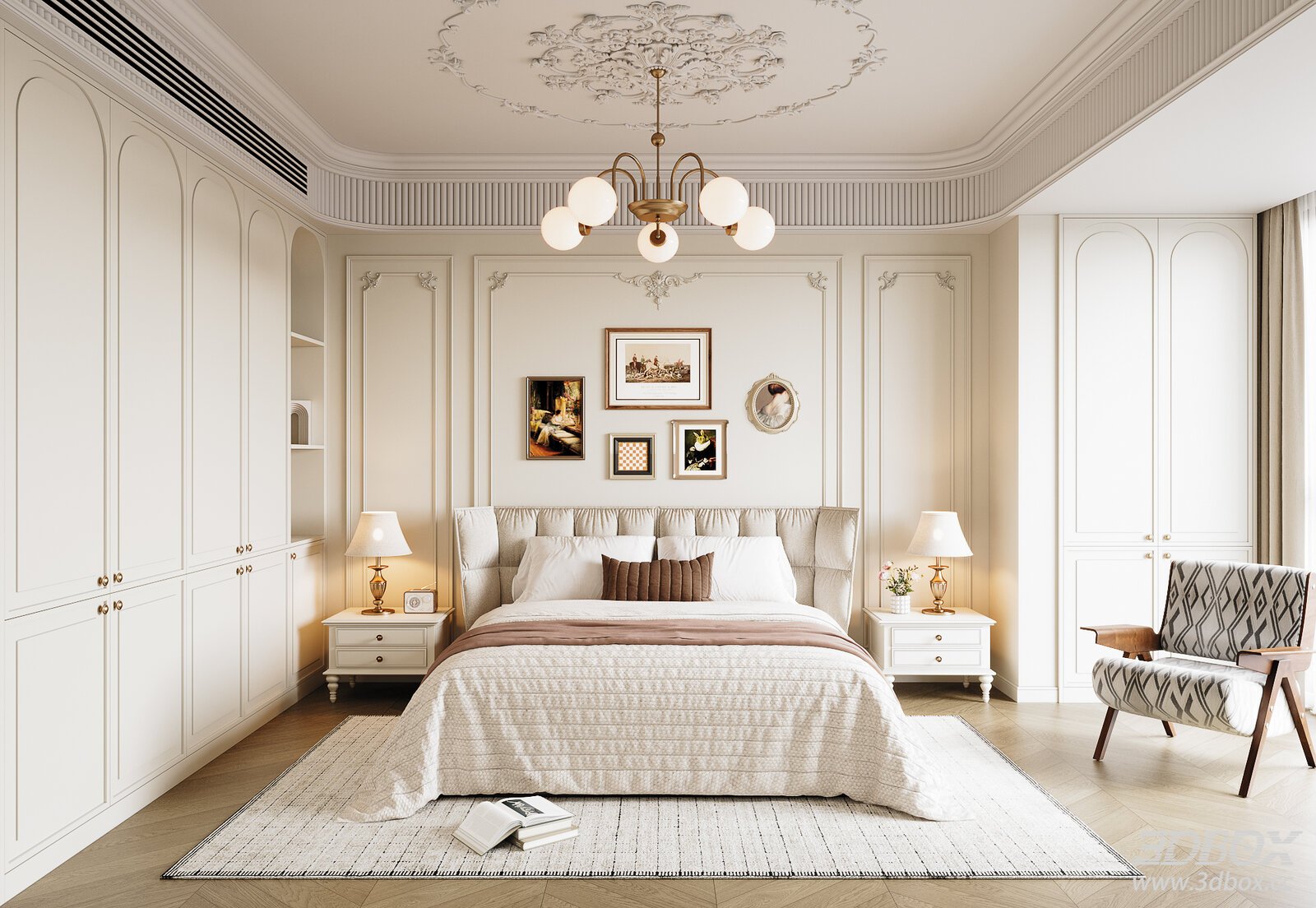 French Bedroom French Lounge Chair French French Chandelier 3D model - front view