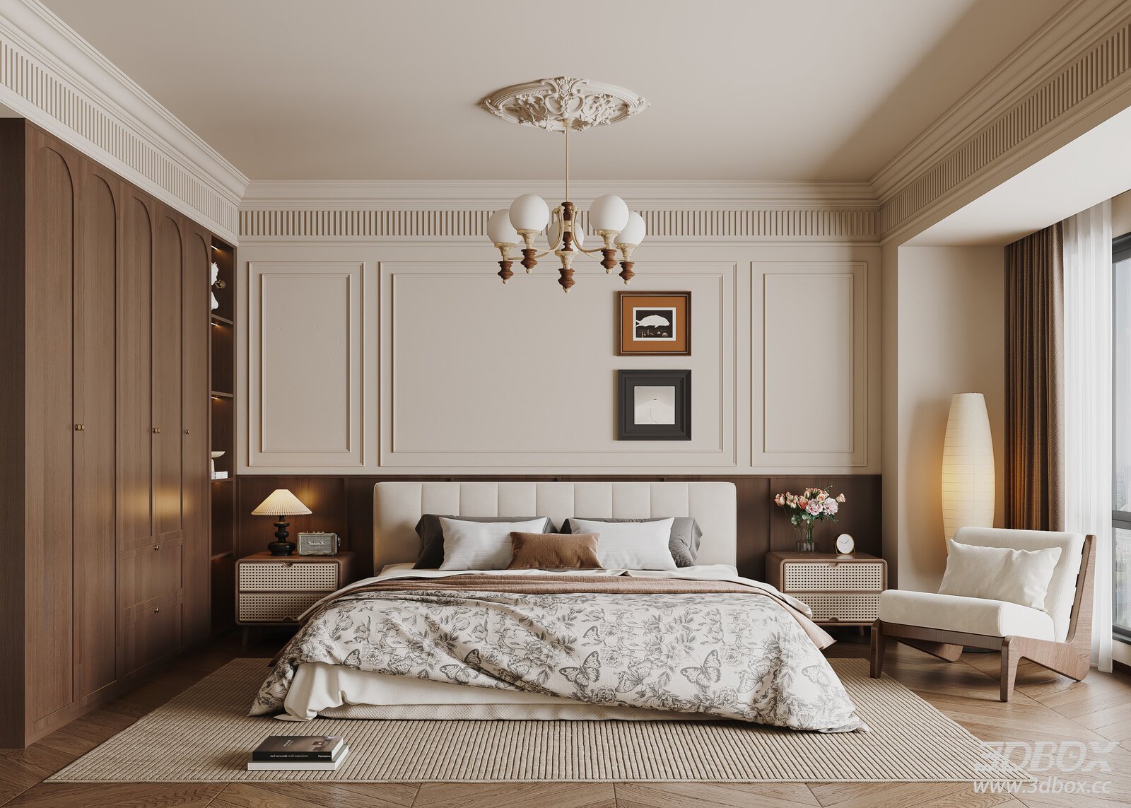 French Vintage Bedroom 3D model - front view
