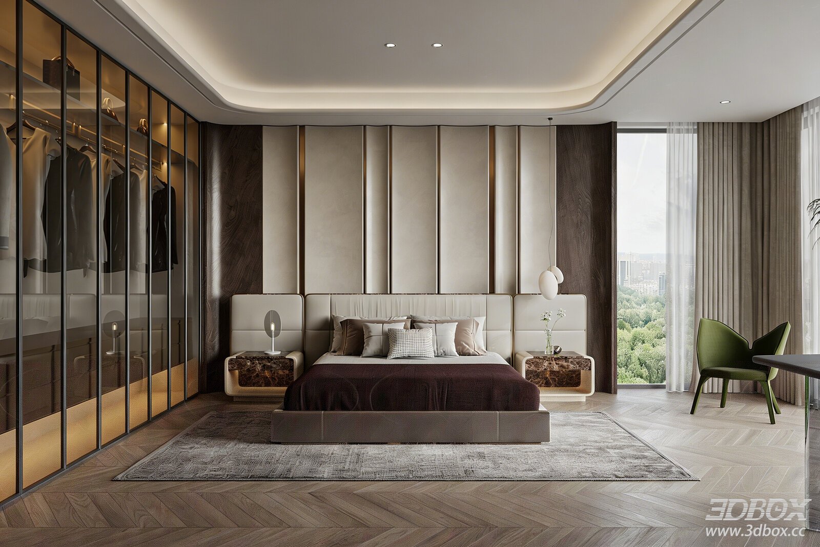 Modern Bedroom Double Bed Background Wall Wardrobe Bedroom 3D model - front view