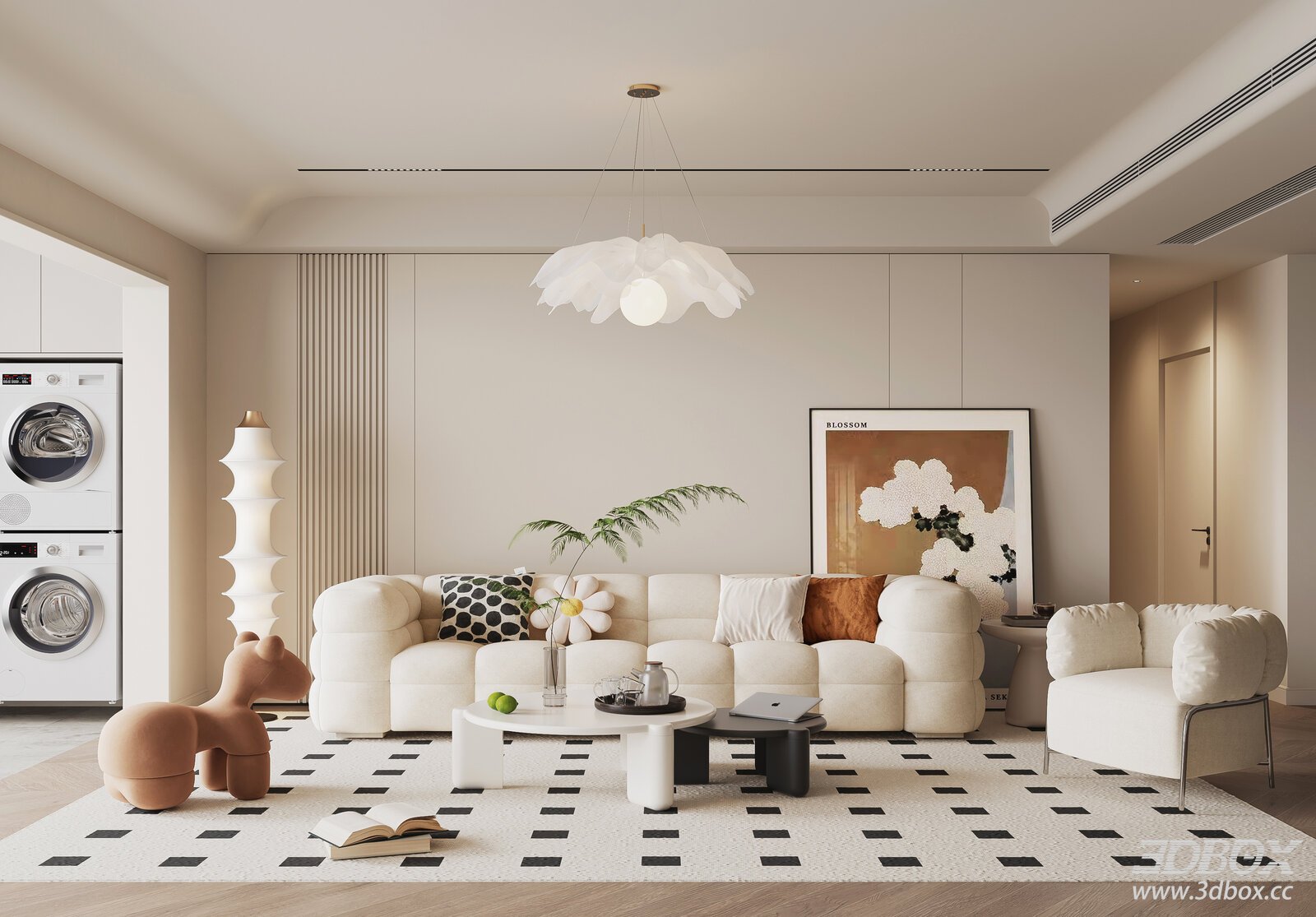 Modern Cream Style Living Room 3D model - front view