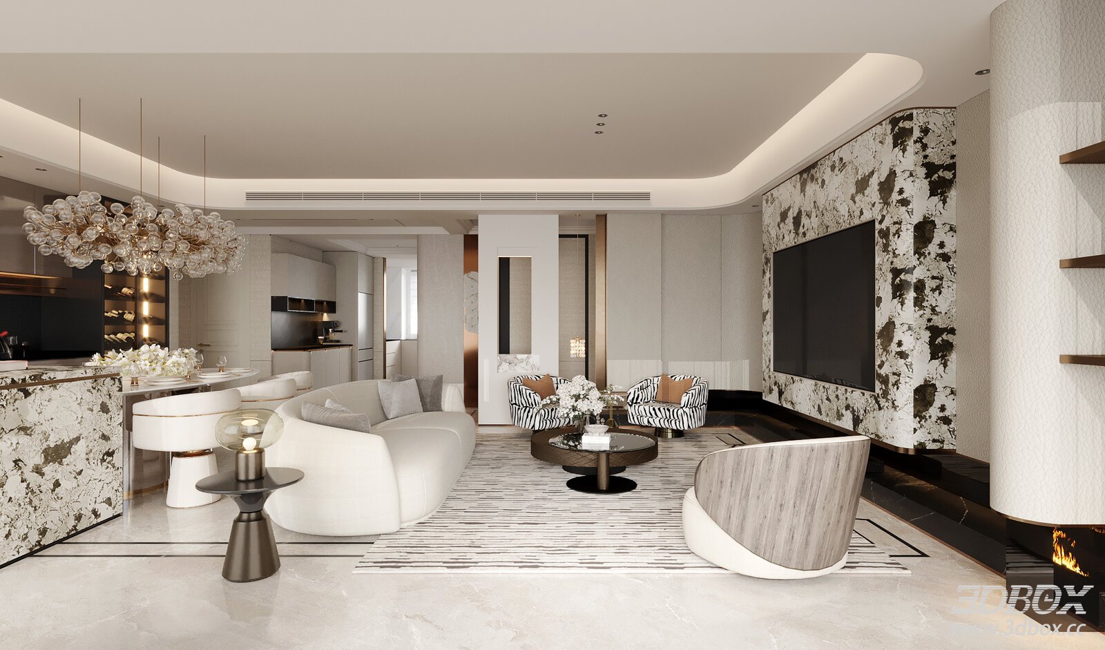 Modern Light Luxury Open Plan Dining Room Dining Room artdeco Dining Room Light Luxury Open Living[ID_ 3D model - front view