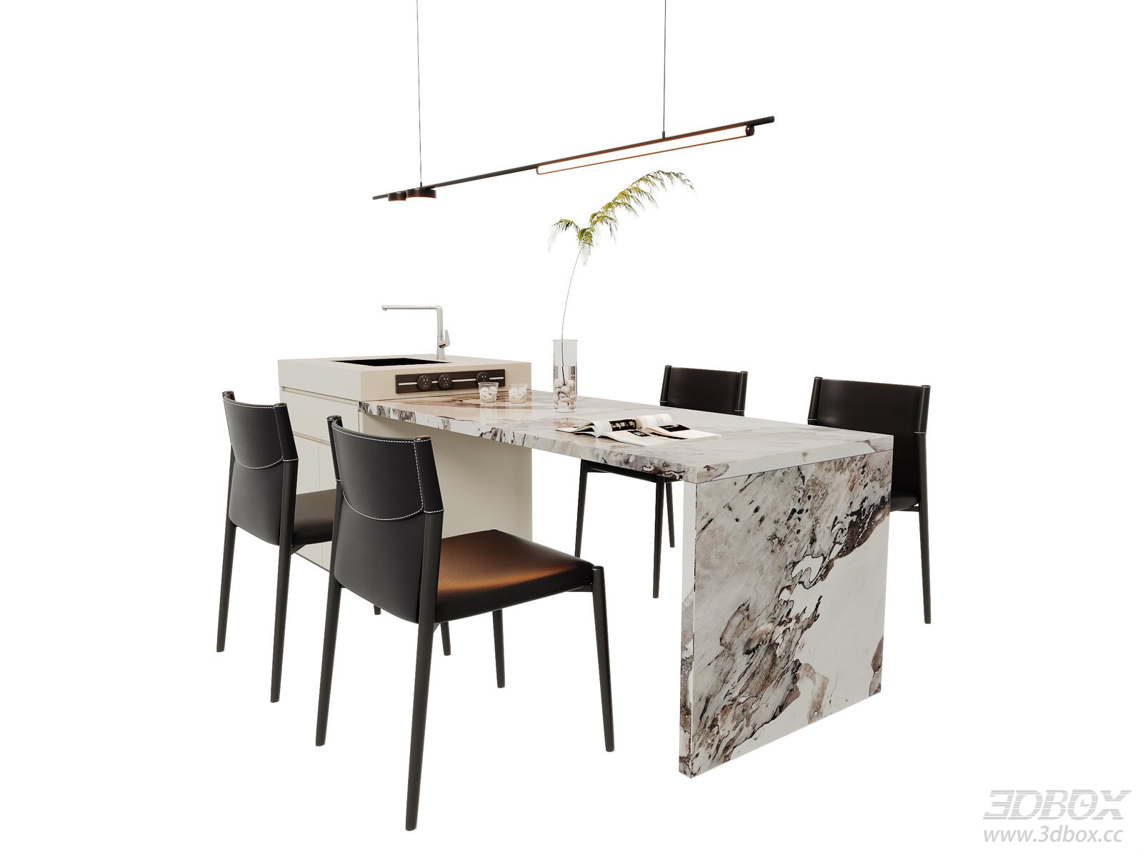 Modern Dining Table Dining Chair Chandelier 3D model - front view