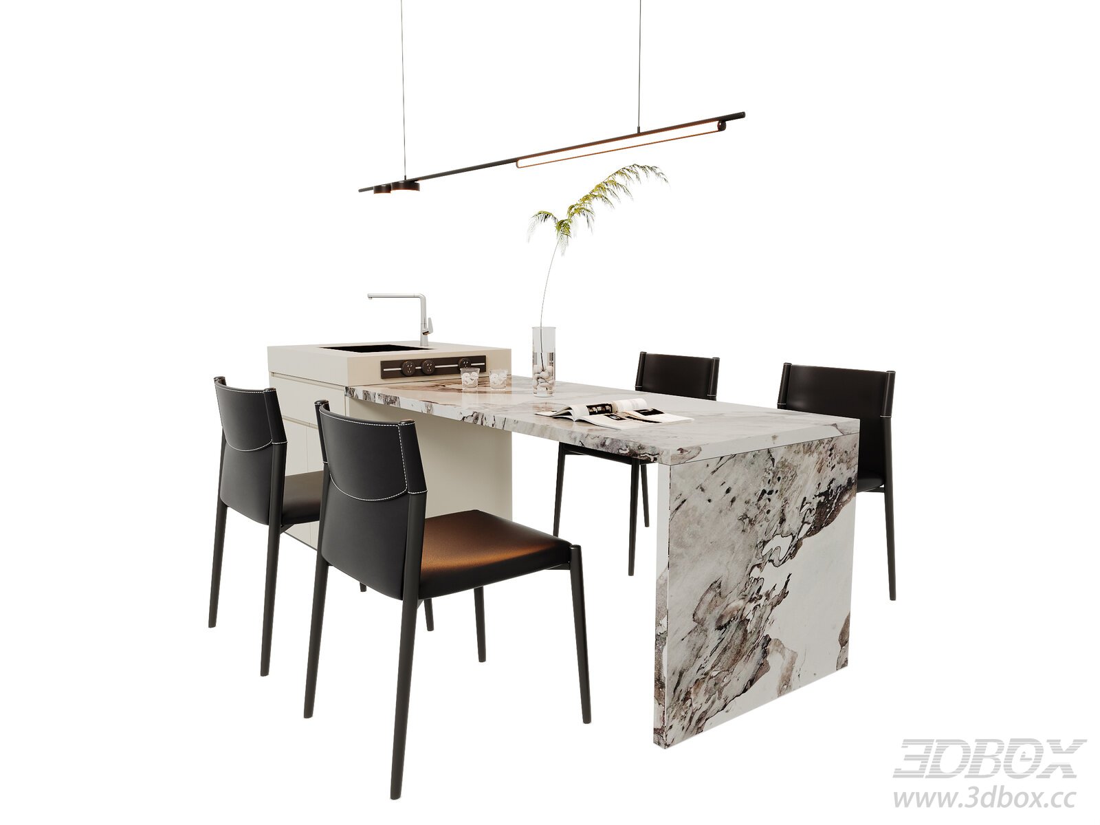 Modern Dining Table Dining Chair Chandelier 3D model - thumbnail 1