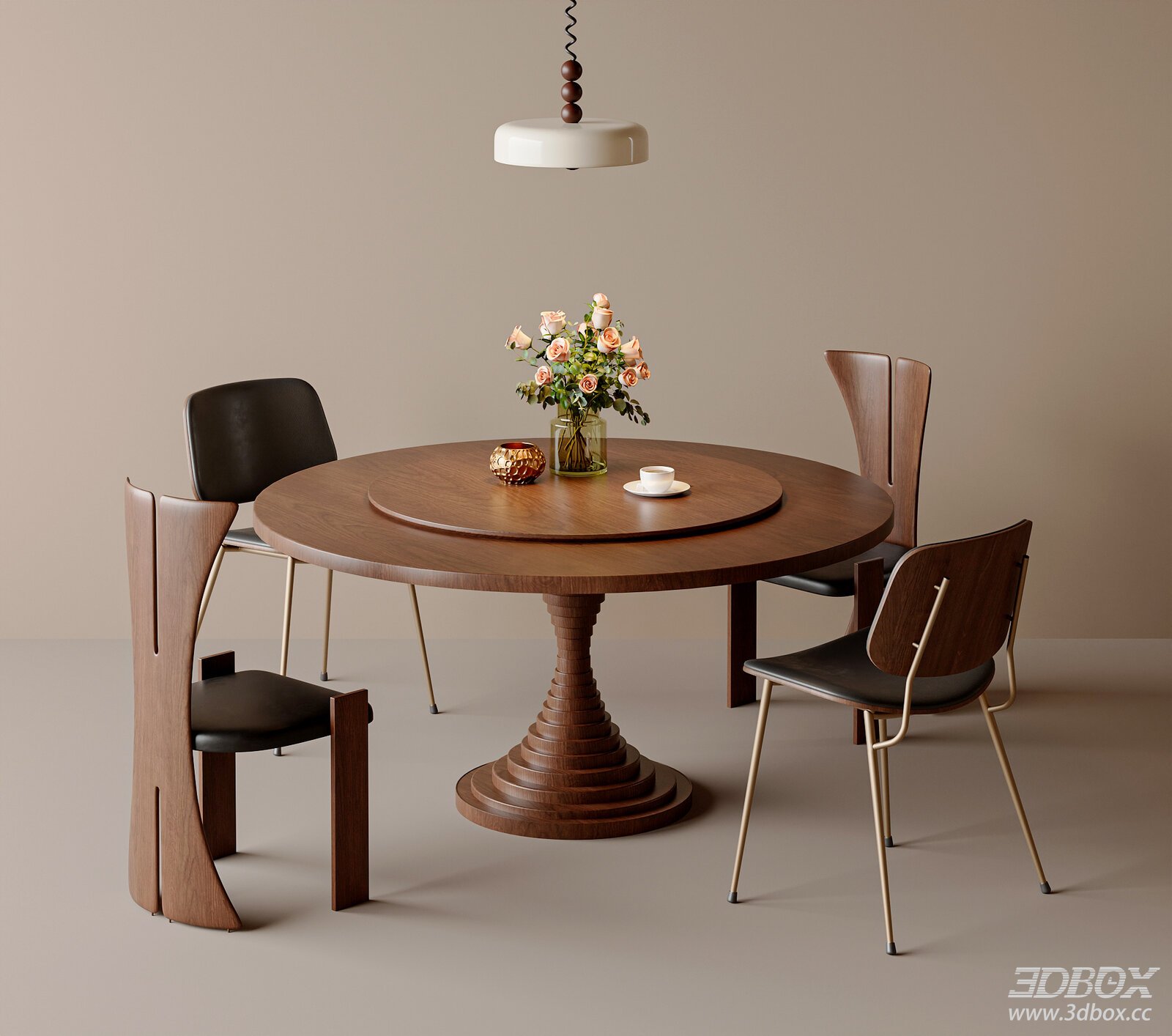 Vintage Dining Table Dining Table Vintage Dining Chair Vintage Chandelier 3D model - front view