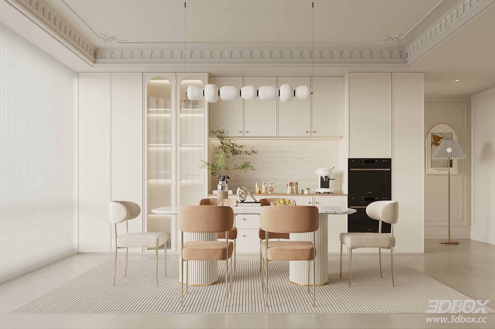 French Cream Style Dining Room 3D model - thumbnail 1