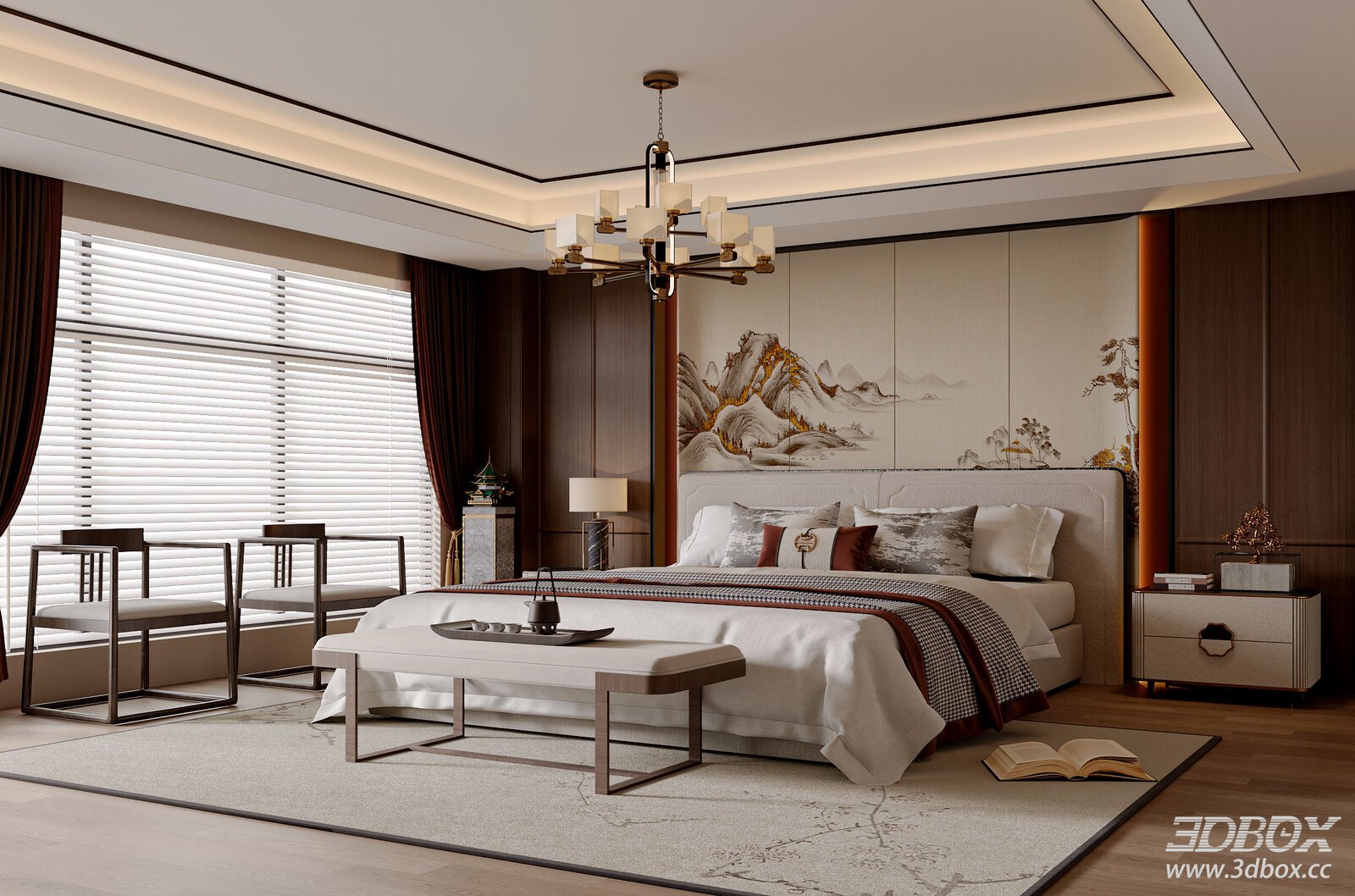 New Chinese Bedroom Double Bed New Chinese Chandelier Bedroom Song Style Bedroom 3D model - front view